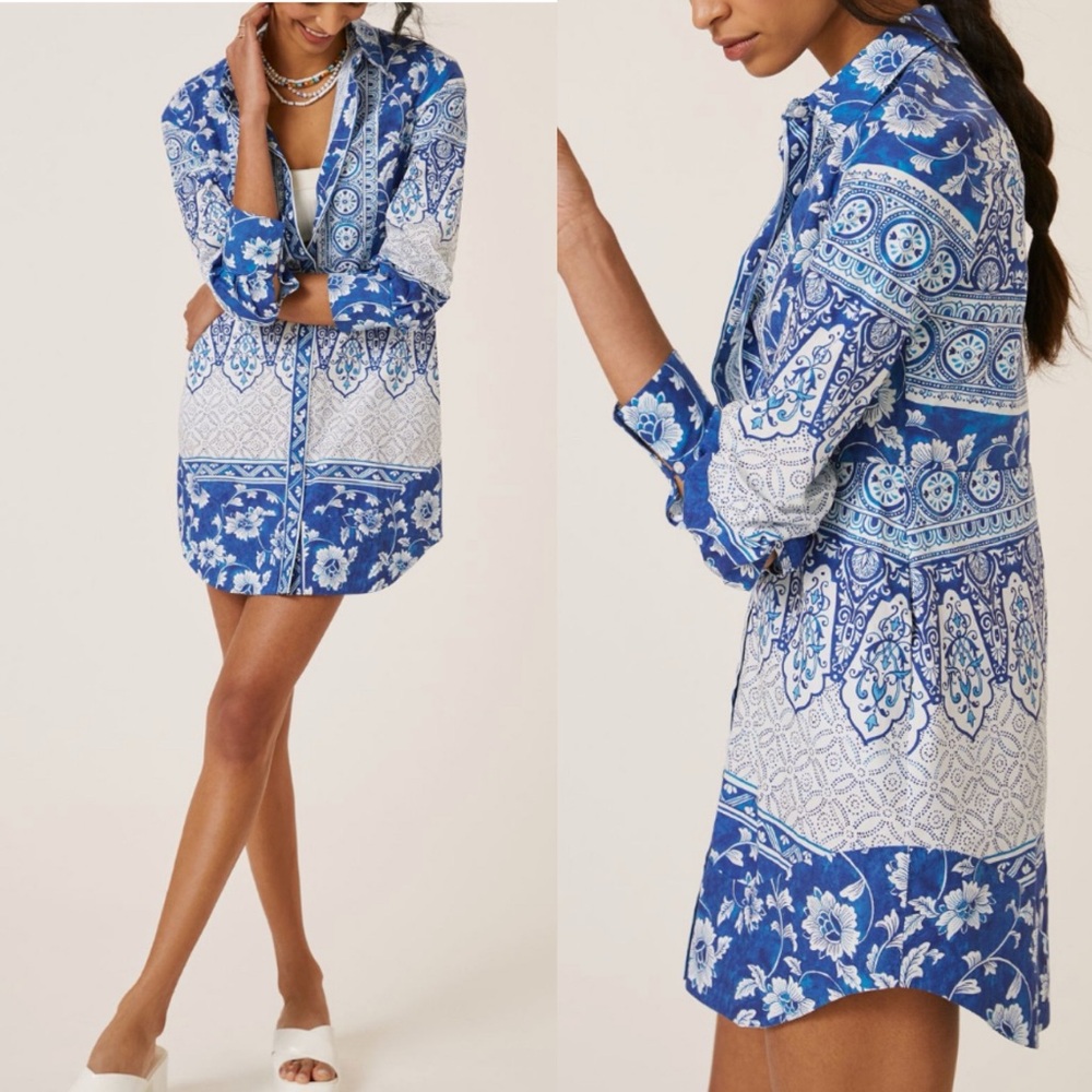 Anthropologie Printed V-Neck Buttonfront Shirtdress XS